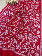 Red Hand Embroidered Kantha Pure Bangalore Silk Dupatta - Luxurion World- Crafted Heirlooms
