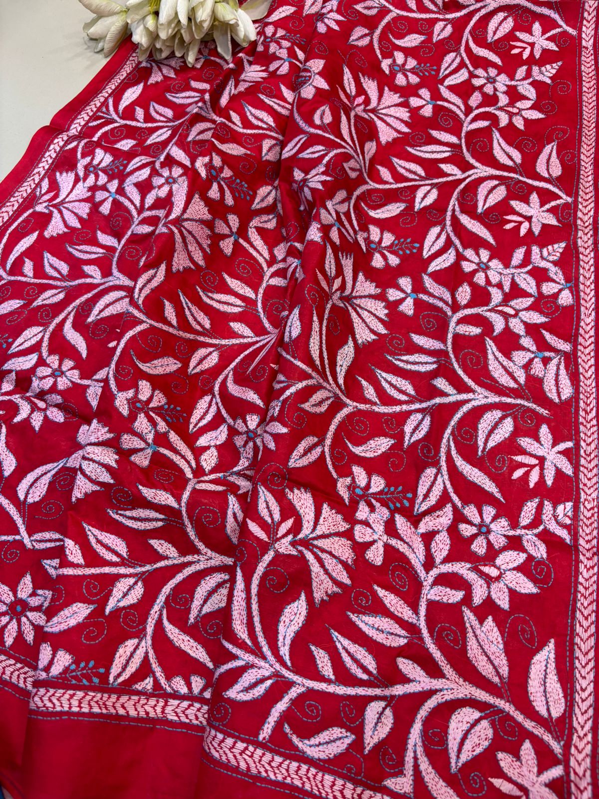 Red Hand Embroidered Kantha Pure Bangalore Silk Dupatta - Luxurion World- Crafted Heirlooms