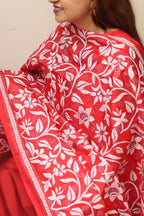 Red Hand Embroidered Kantha Pure Bangalore Silk Dupatta - Luxurion World- Crafted Heirlooms