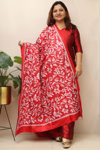 Red Hand Embroidered Kantha Pure Bangalore Silk Dupatta - Luxurion World- Crafted Heirlooms