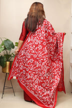 Red Hand Embroidered Kantha Pure Bangalore Silk Dupatta - Luxurion World- Crafted Heirlooms