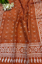 Orange Hand Embroidered Kantha Pure Bangalore Silk Dupatta - Luxurion World