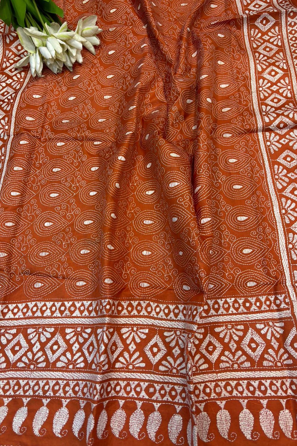 Orange Hand Embroidered Kantha Pure Bangalore Silk Dupatta - Luxurion World