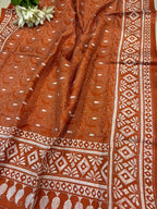 Orange Hand Embroidered Kantha Pure Bangalore Silk Dupatta - Luxurion World