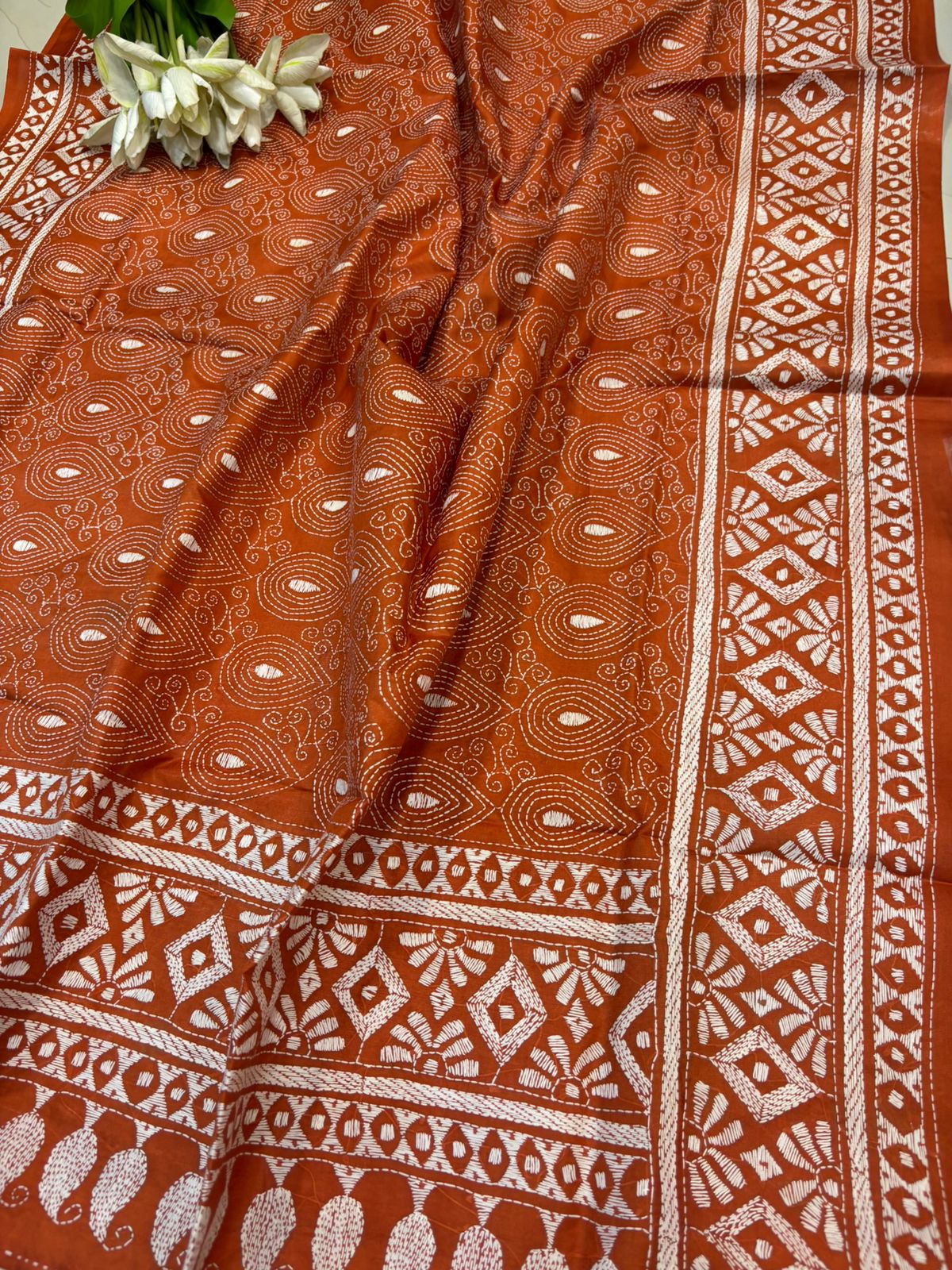 Orange Hand Embroidered Kantha Pure Bangalore Silk Dupatta - Luxurion World