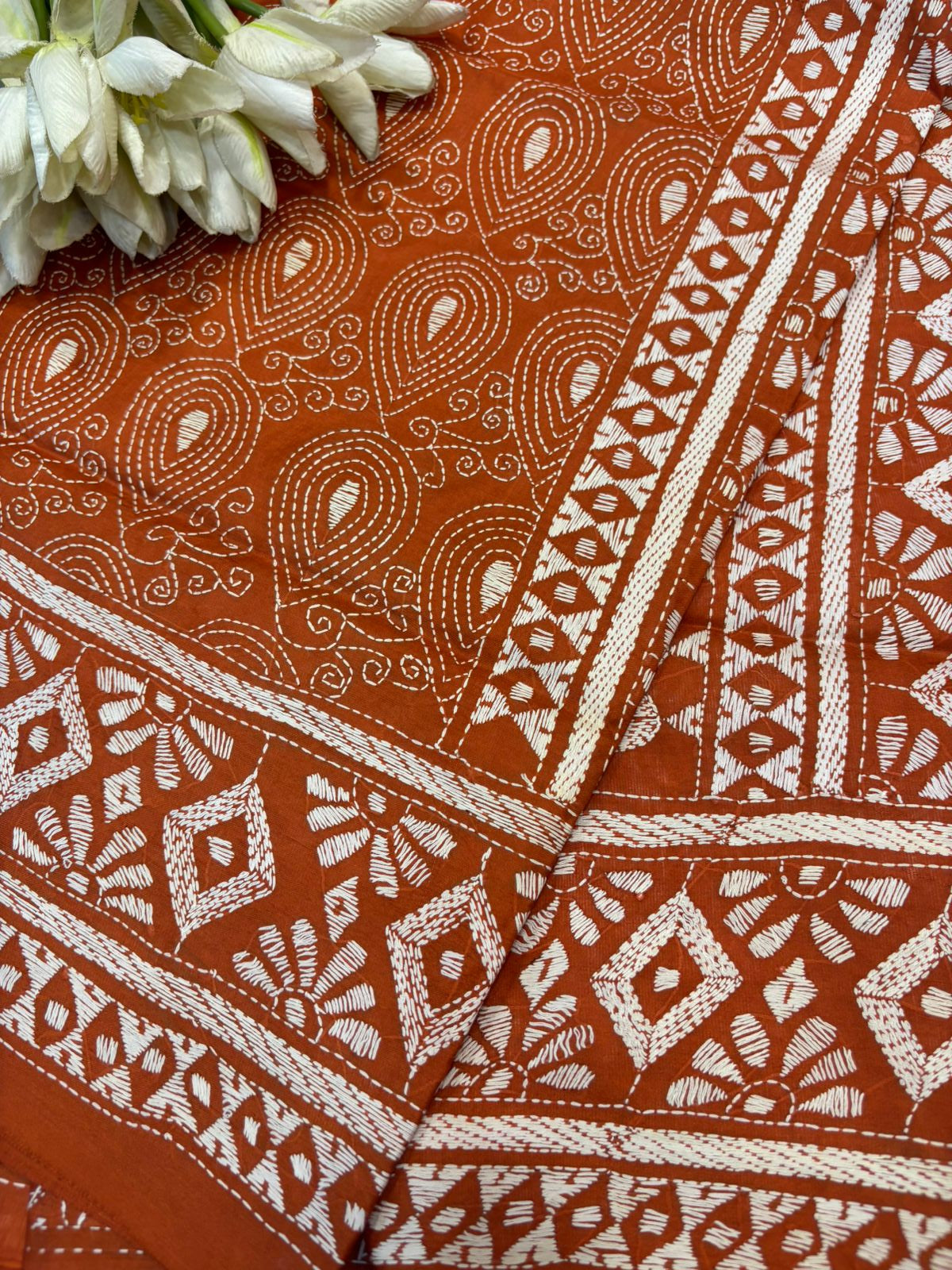 Orange Hand Embroidered Kantha Pure Bangalore Silk Dupatta - Luxurion World