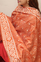Orange Hand Embroidered Kantha Pure Bangalore Silk Dupatta - Luxurion World