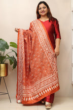Orange Hand Embroidered Kantha Pure Bangalore Silk Dupatta - Luxurion World
