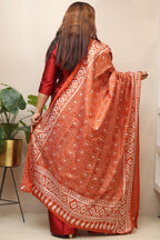 Orange Hand Embroidered Kantha Pure Bangalore Silk Dupatta - Luxurion World