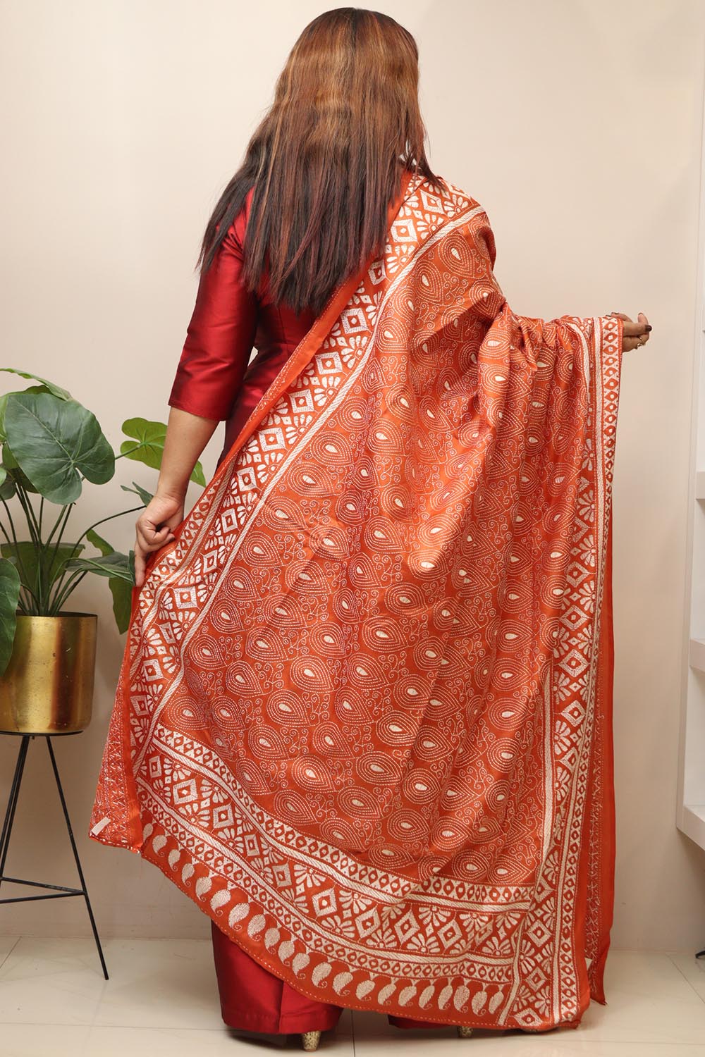Orange Hand Embroidered Kantha Pure Bangalore Silk Dupatta - Luxurion World