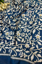 Blue Hand Embroidered Kantha Pure Bangalore Silk Dupatta - Luxurion World- Crafted Heirlooms