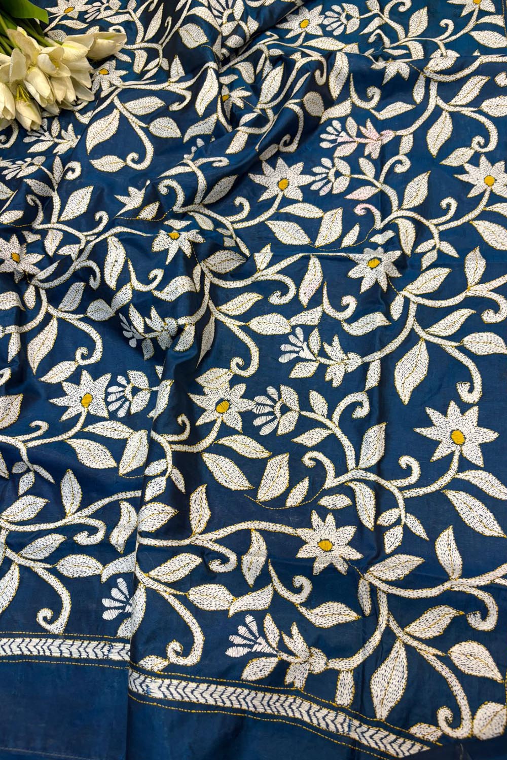 Blue Hand Embroidered Kantha Pure Bangalore Silk Dupatta - Luxurion World- Crafted Heirlooms