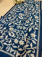 Blue Hand Embroidered Kantha Pure Bangalore Silk Dupatta - Luxurion World- Crafted Heirlooms