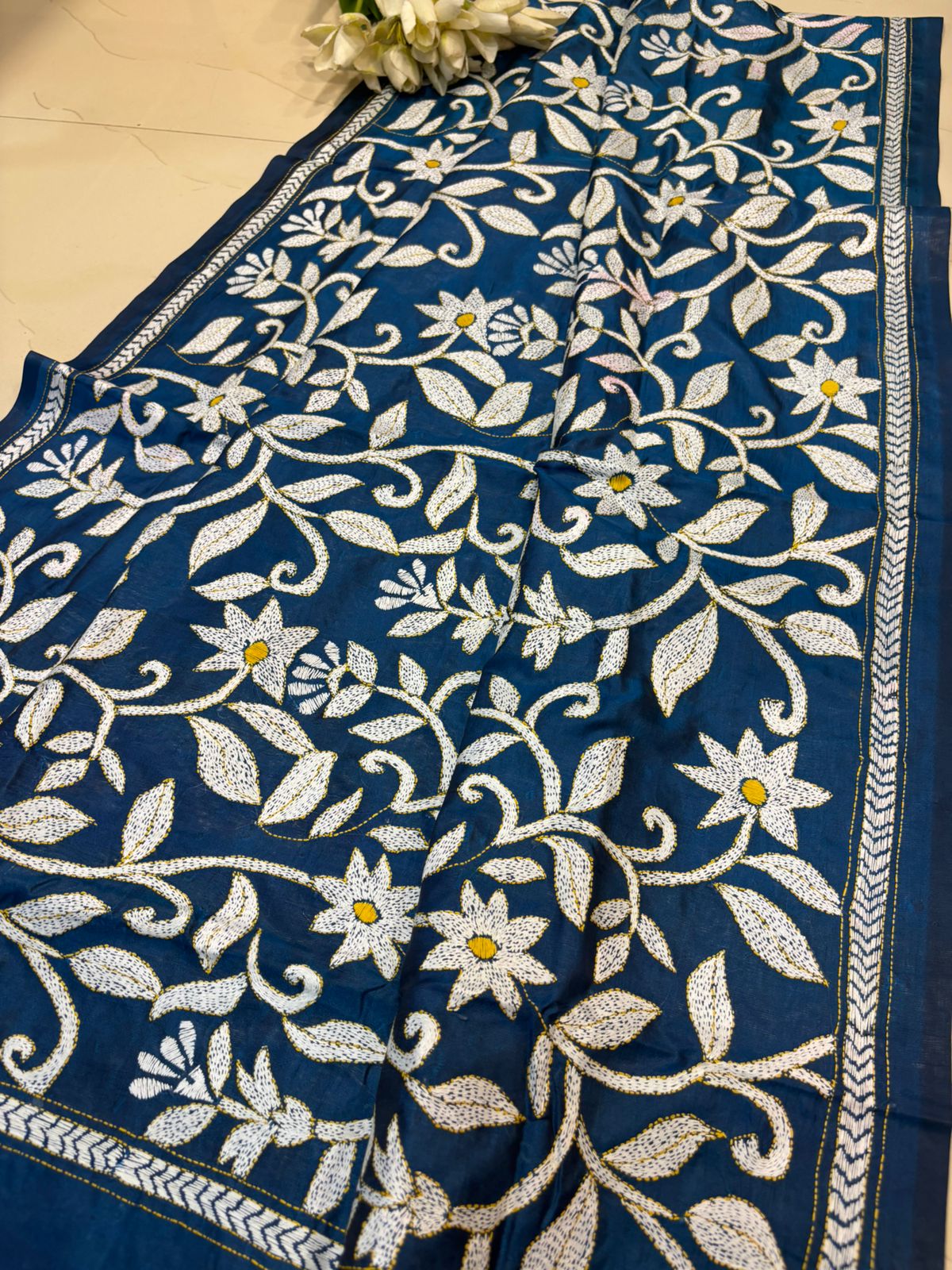 Blue Hand Embroidered Kantha Pure Bangalore Silk Dupatta - Luxurion World- Crafted Heirlooms
