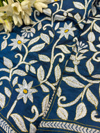 Blue Hand Embroidered Kantha Pure Bangalore Silk Dupatta - Luxurion World- Crafted Heirlooms
