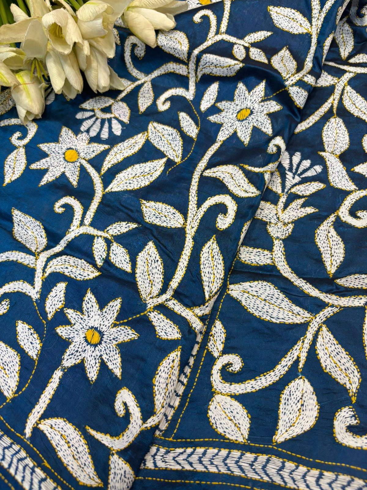Blue Hand Embroidered Kantha Pure Bangalore Silk Dupatta - Luxurion World- Crafted Heirlooms