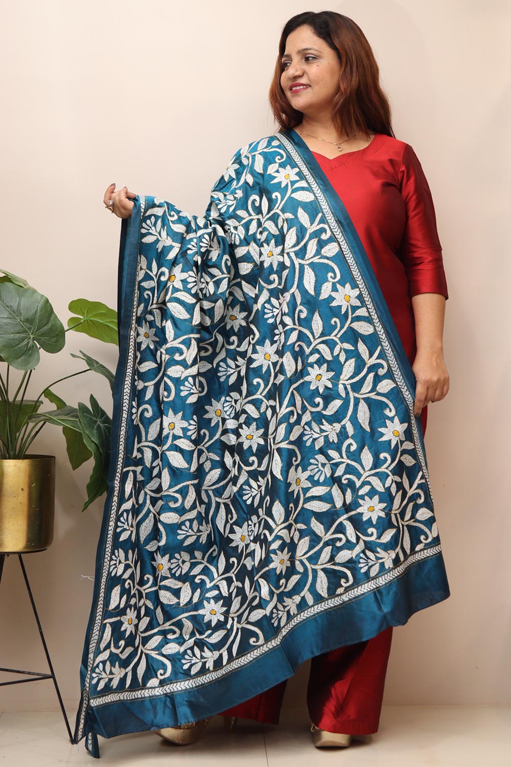 Blue Hand Embroidered Kantha Pure Bangalore Silk Dupatta - Luxurion World- Crafted Heirlooms