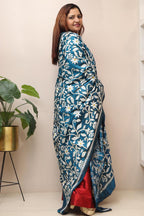 Blue Hand Embroidered Kantha Pure Bangalore Silk Dupatta - Luxurion World- Crafted Heirlooms