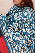 Blue Hand Embroidered Kantha Pure Bangalore Silk Dupatta - Luxurion World- Crafted Heirlooms