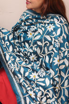 Blue Hand Embroidered Kantha Pure Bangalore Silk Dupatta - Luxurion World- Crafted Heirlooms