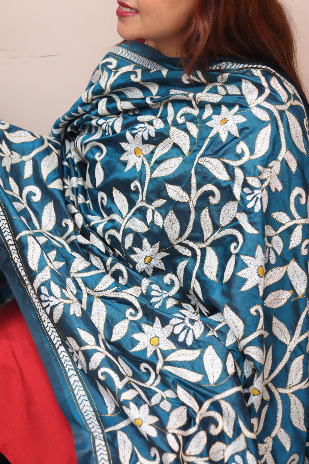 Blue Hand Embroidered Kantha Pure Bangalore Silk Dupatta - Luxurion World- Crafted Heirlooms