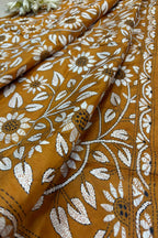 Yellow Hand Embroidered Kantha Pure Bangalore Silk Dupatta - Luxurion World