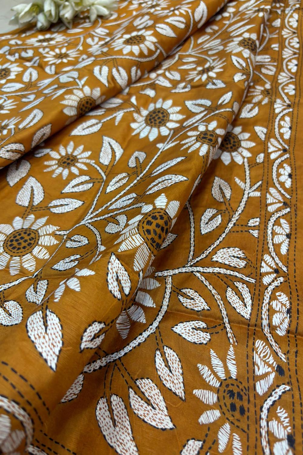 Yellow Hand Embroidered Kantha Pure Bangalore Silk Dupatta - Luxurion World