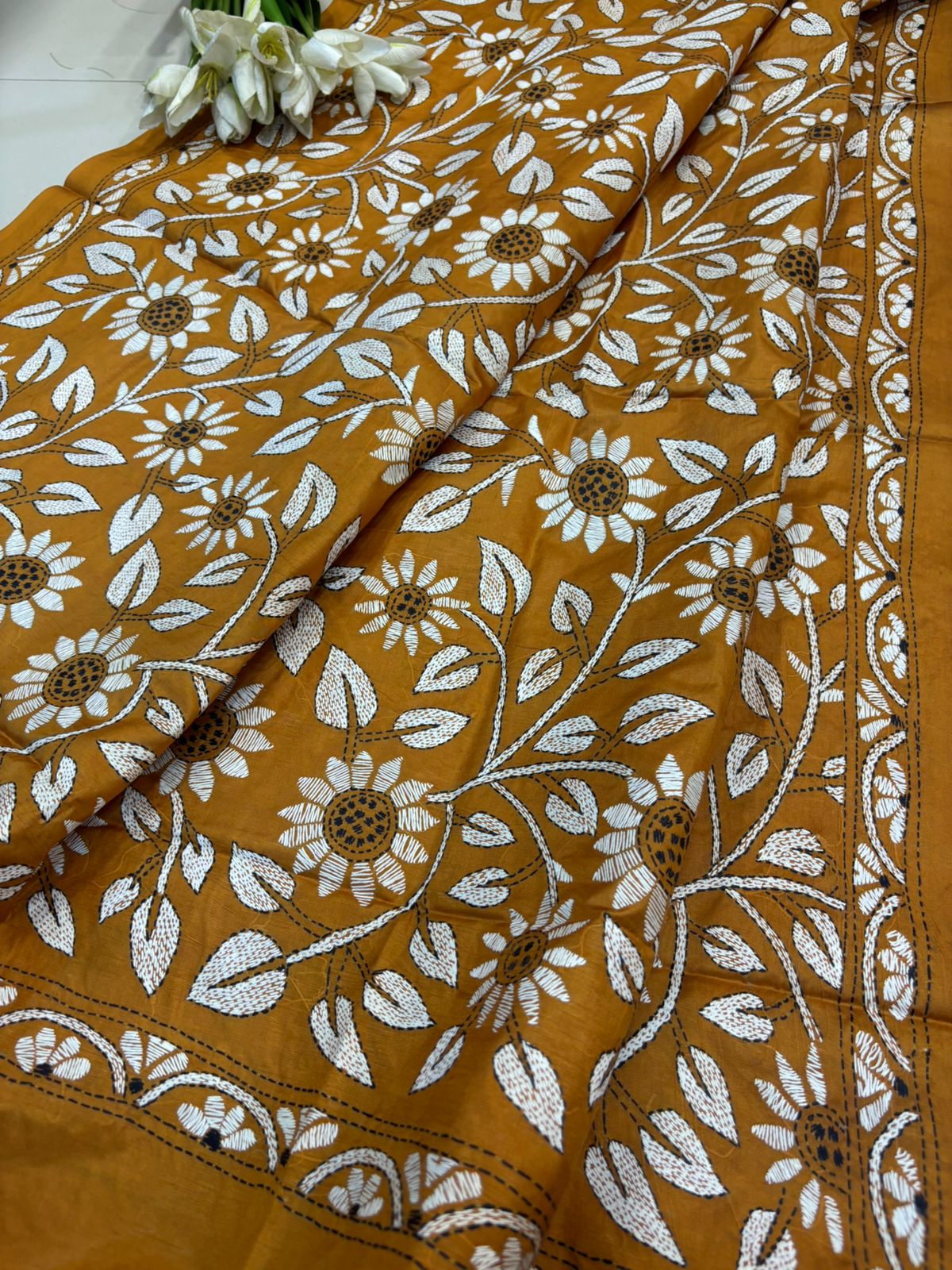 Yellow Hand Embroidered Kantha Pure Bangalore Silk Dupatta - Luxurion World