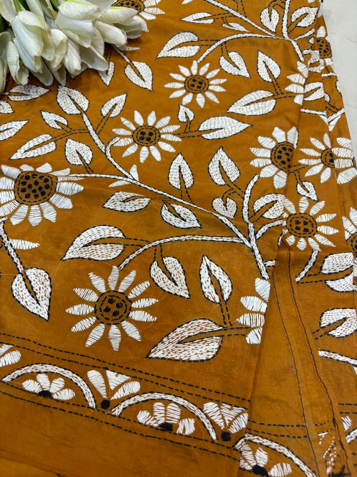 Yellow Hand Embroidered Kantha Pure Bangalore Silk Dupatta - Luxurion World