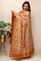 Yellow Hand Embroidered Kantha Pure Bangalore Silk Dupatta - Luxurion World