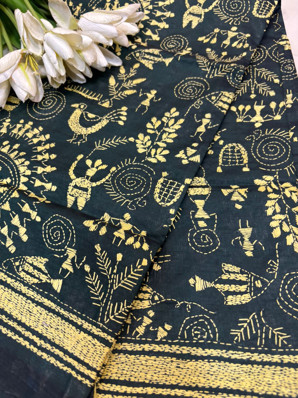 Green Hand Embroidered Kantha Pure Bangalore Silk Dupatta - Luxurion World