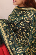 Green Hand Embroidered Kantha Pure Bangalore Silk Dupatta - Luxurion World