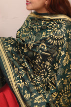 Green Hand Embroidered Kantha Pure Bangalore Silk Dupatta - Luxurion World