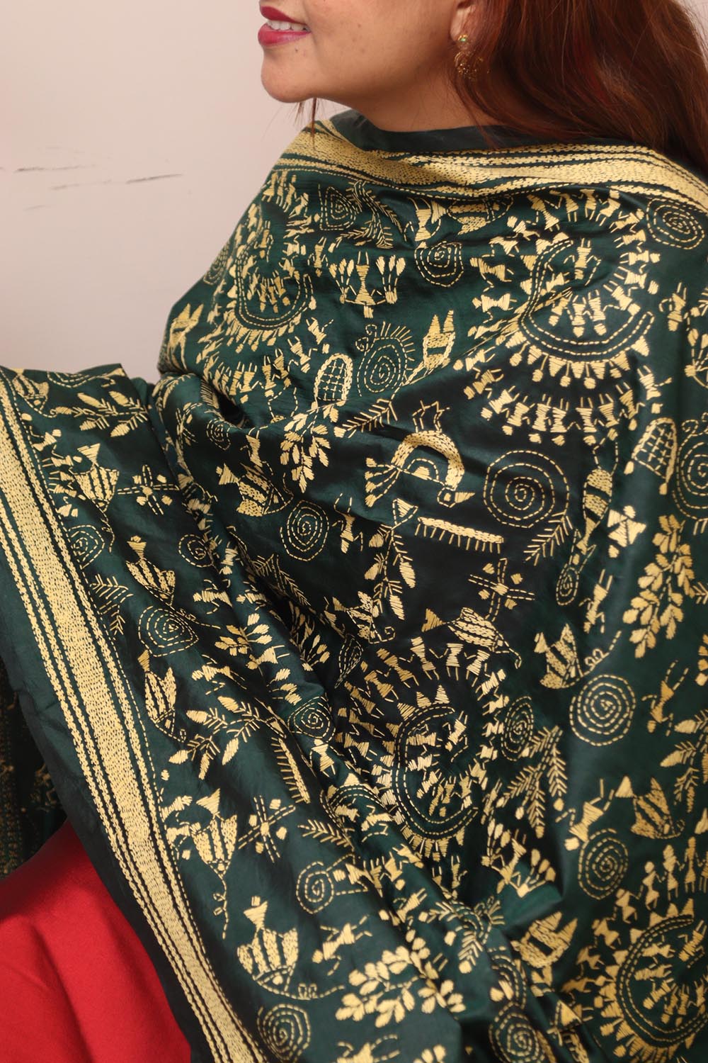 Green Hand Embroidered Kantha Pure Bangalore Silk Dupatta - Luxurion World