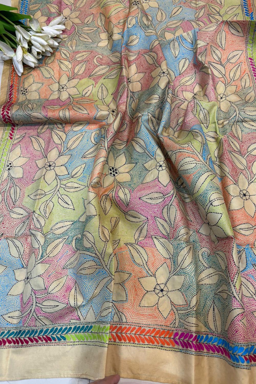 Multicolor Hand Embroidered Kantha Pure Bangalore Silk Dupatta - Luxurion World