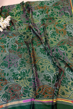 Green Hand Embroidered Kantha Pure Bangalore Silk Dupatta - Luxurion World