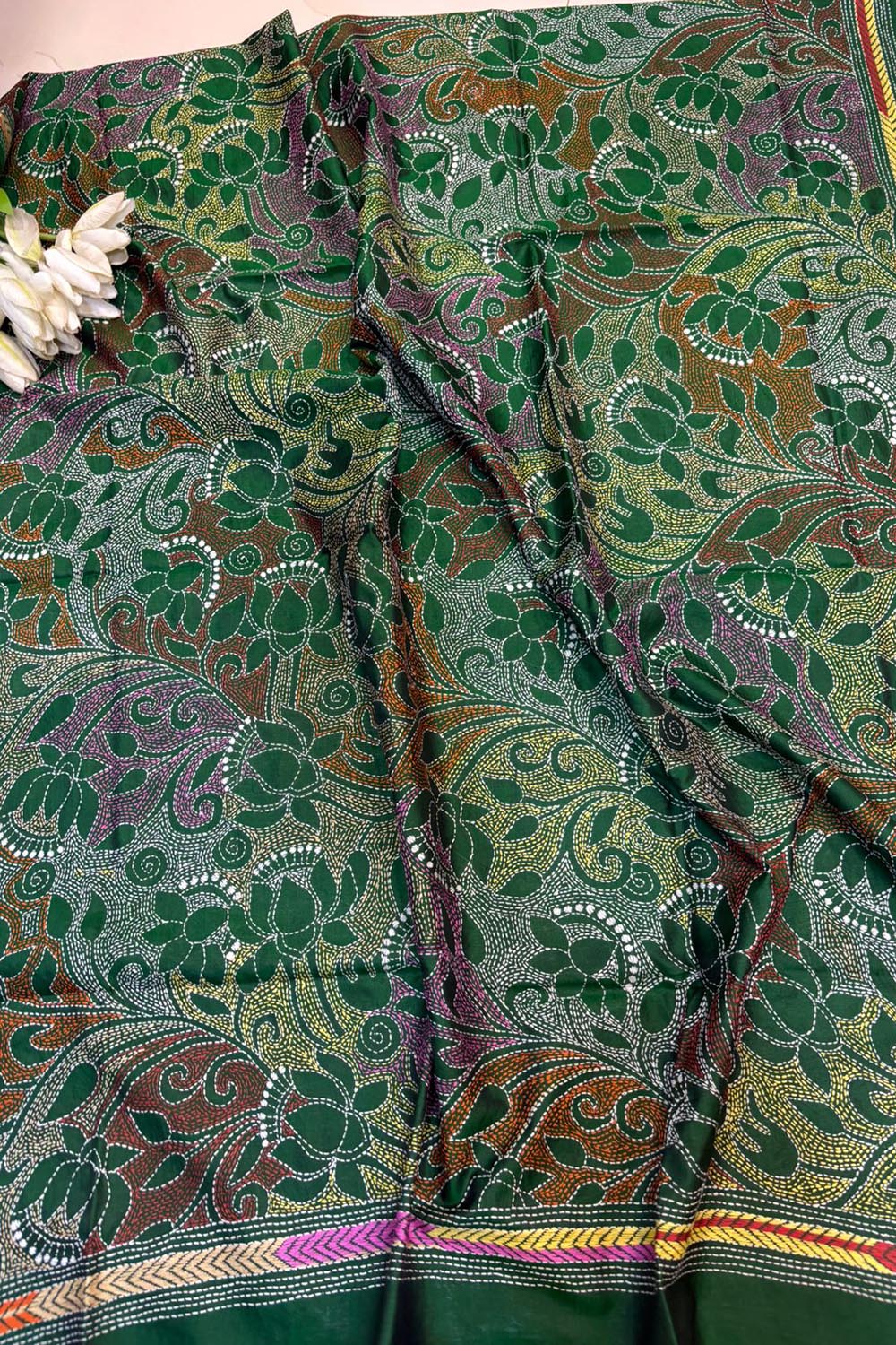 Green Hand Embroidered Kantha Pure Bangalore Silk Dupatta - Luxurion World