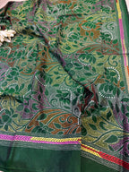 Green Hand Embroidered Kantha Pure Bangalore Silk Dupatta - Luxurion World