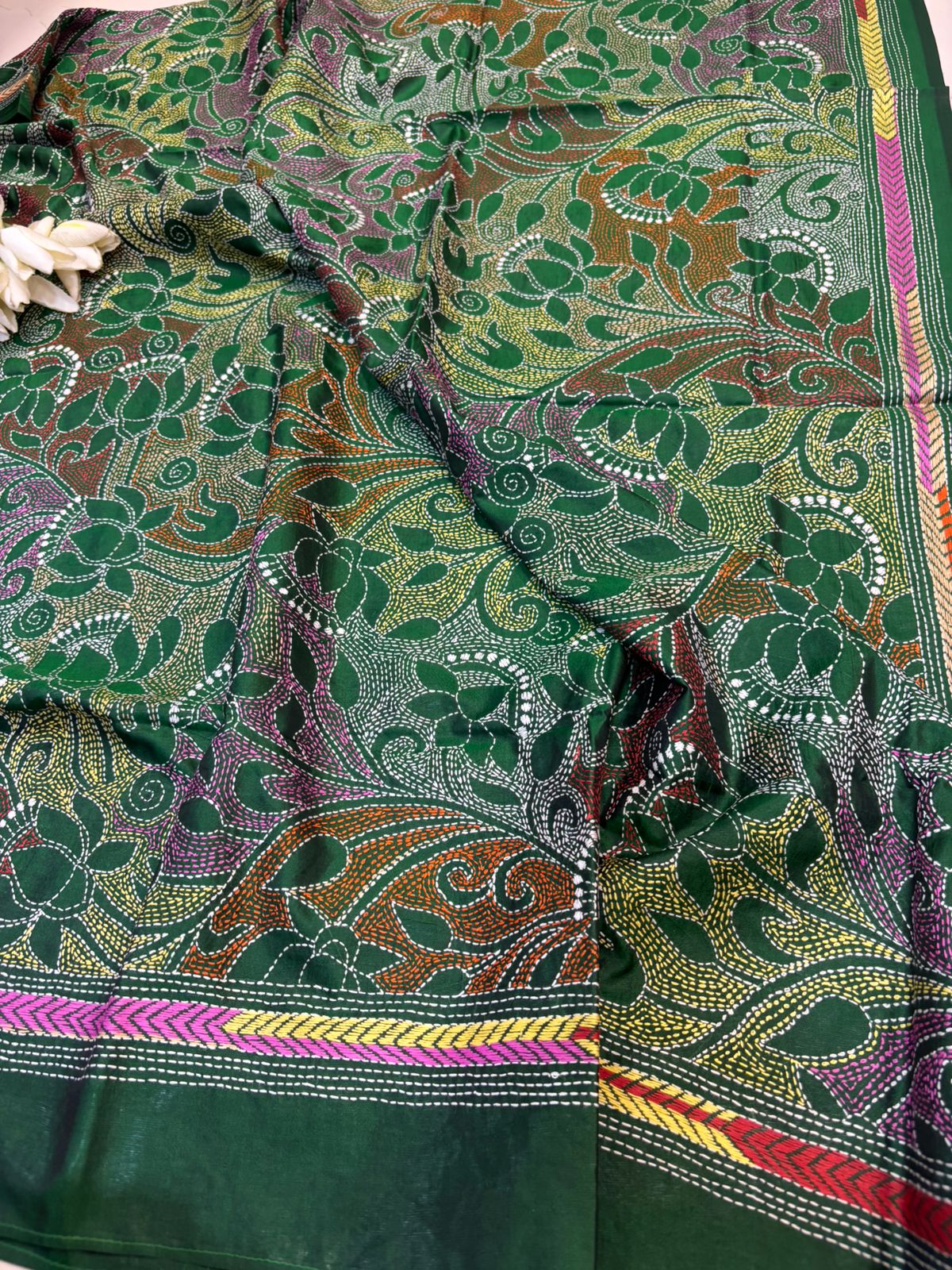 Green Hand Embroidered Kantha Pure Bangalore Silk Dupatta - Luxurion World