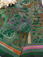 Green Hand Embroidered Kantha Pure Bangalore Silk Dupatta - Luxurion World