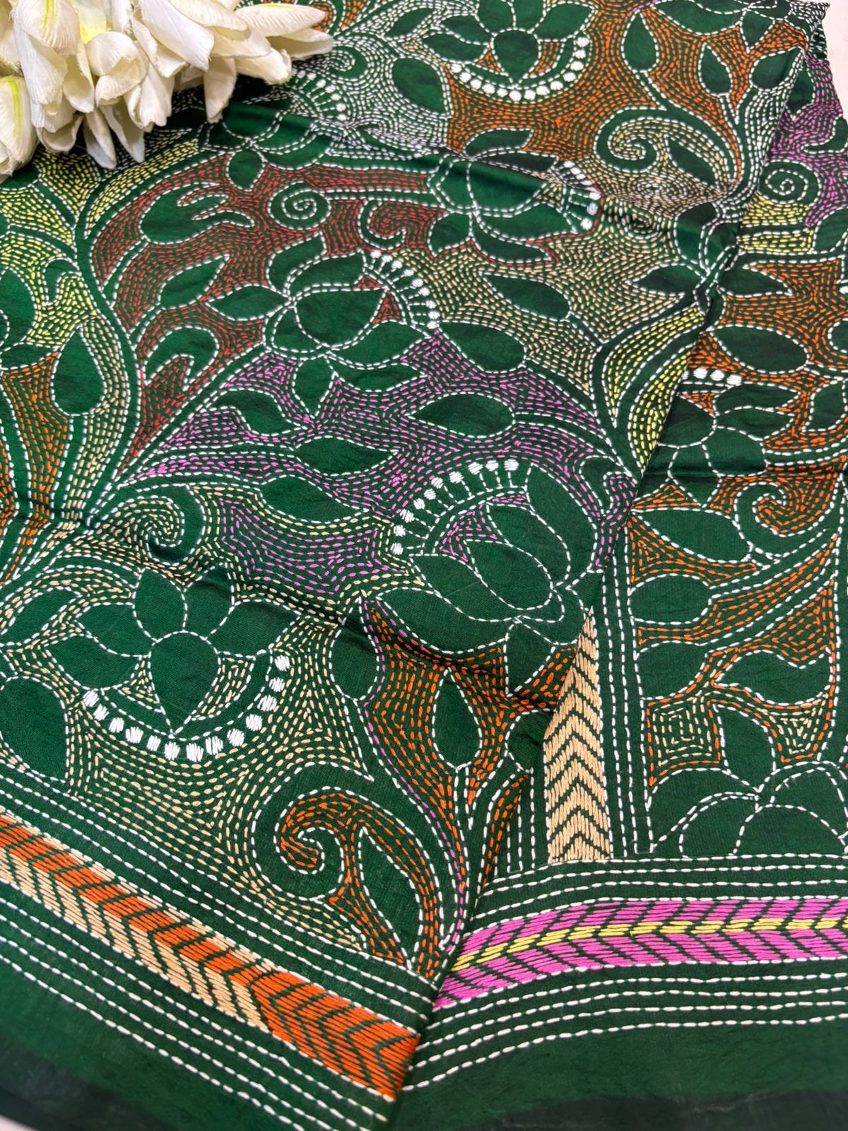 Green Hand Embroidered Kantha Pure Bangalore Silk Dupatta - Luxurion World