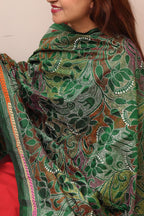Green Hand Embroidered Kantha Pure Bangalore Silk Dupatta - Luxurion World