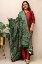 Green Hand Embroidered Kantha Pure Bangalore Silk Dupatta - Luxurion World