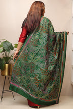 Green Hand Embroidered Kantha Pure Bangalore Silk Dupatta - Luxurion World