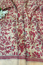 Cream Hand Embroidered Kantha Pure Bangalore Silk Dupatta - Luxurion World