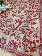 Cream Hand Embroidered Kantha Pure Bangalore Silk Dupatta - Luxurion World