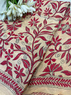 Cream Hand Embroidered Kantha Pure Bangalore Silk Dupatta - Luxurion World