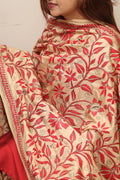 Cream Hand Embroidered Kantha Pure Bangalore Silk Dupatta - Luxurion World