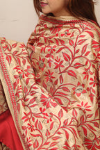 Cream Hand Embroidered Kantha Pure Bangalore Silk Dupatta - Luxurion World