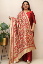 Cream Hand Embroidered Kantha Pure Bangalore Silk Dupatta - Luxurion World